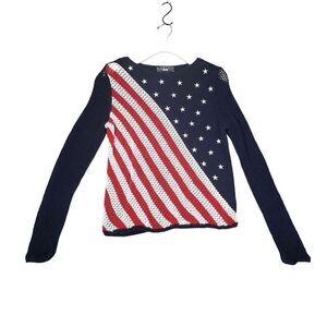 NORTON Womens Sweater SZ LP Pull-Over Open Knit USA‎ America Flag Beach Navy